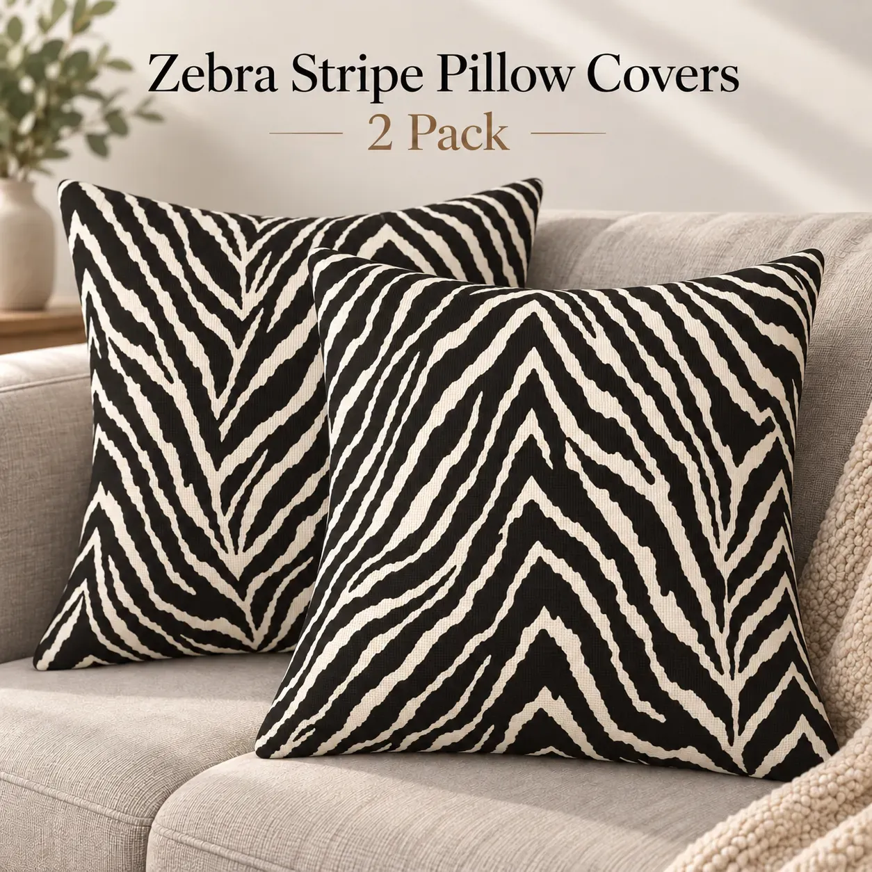 Zebra Print Throw Pillow Covers, Set of 2, 18x18 Inch (2-Pack)